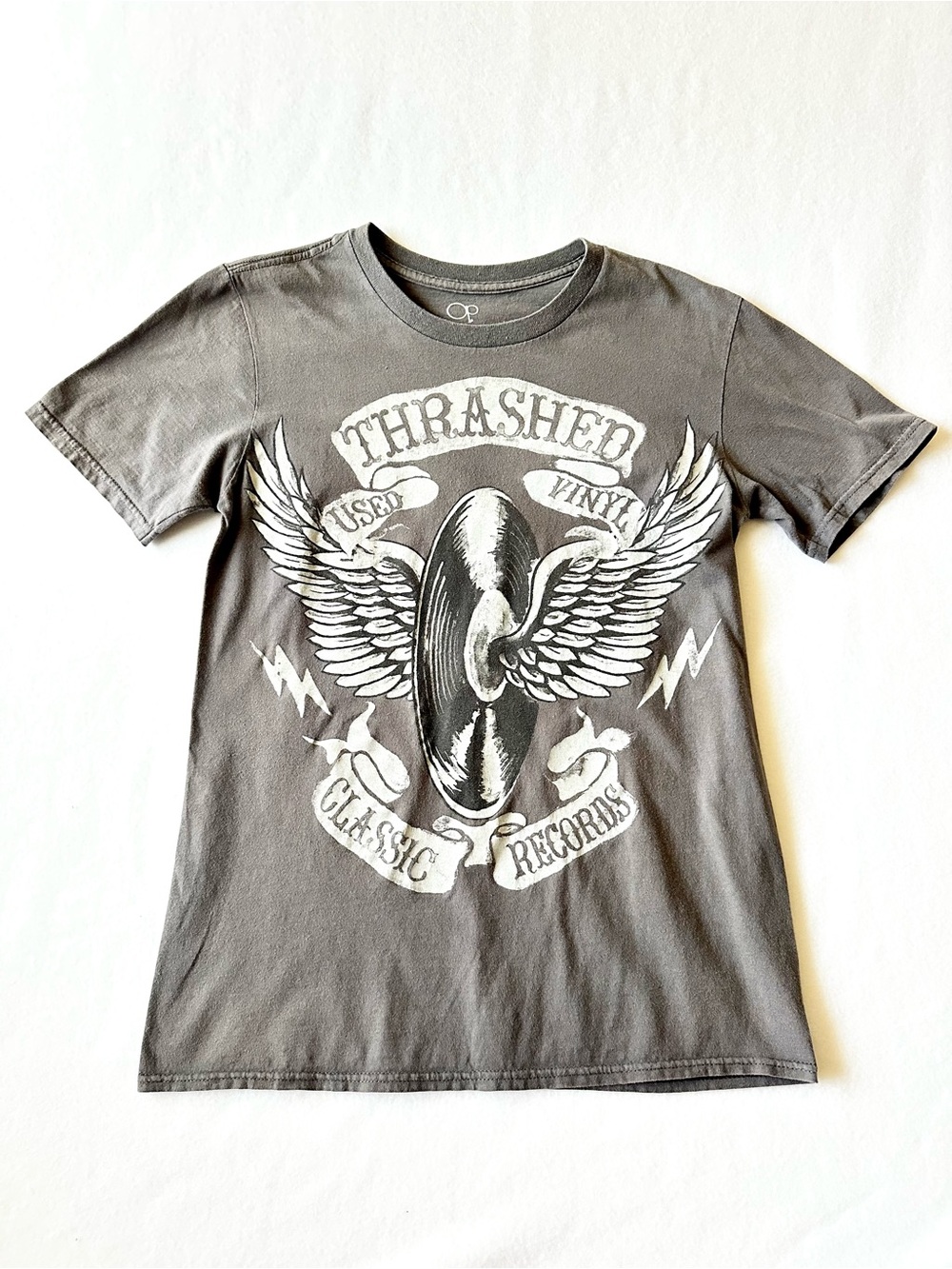 OP Thrashed Used Vinyl Records Women Graphic Tee Small Gray White Short Sleeve
